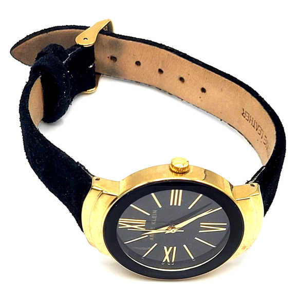ANNE KLEIN Diamond Collection Watch Black Leather Band Black Dial Gold Letters - Picture 4 of 12